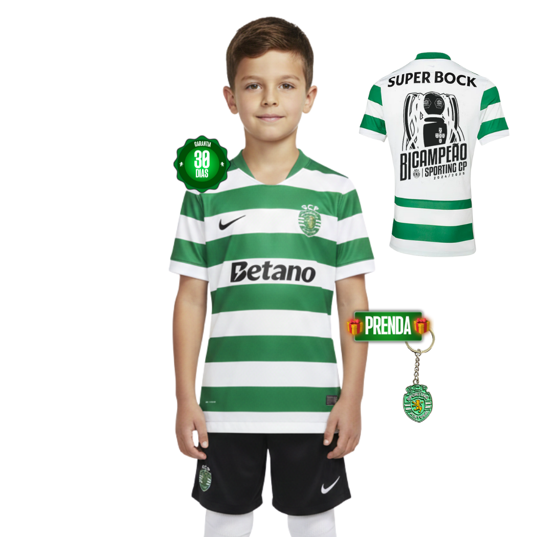 Conjunto Infantil Sporting Principal BICAMPEÃO 2025/26 - LANÇAMENTO! 🦁🏆